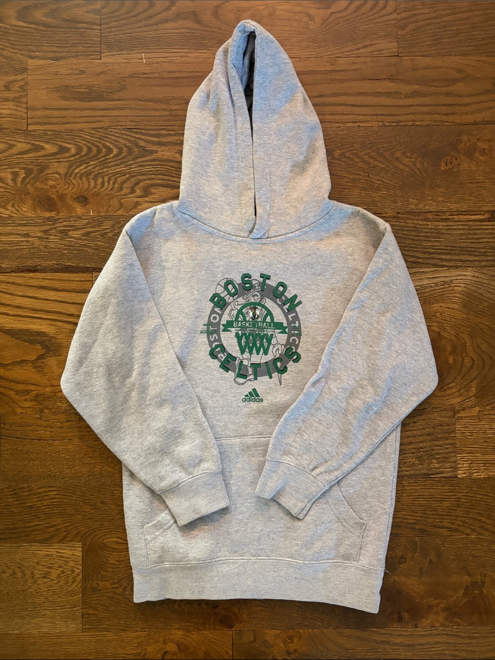 adidas Youth Gray Hoodie with Green Boston Celtics Graphic